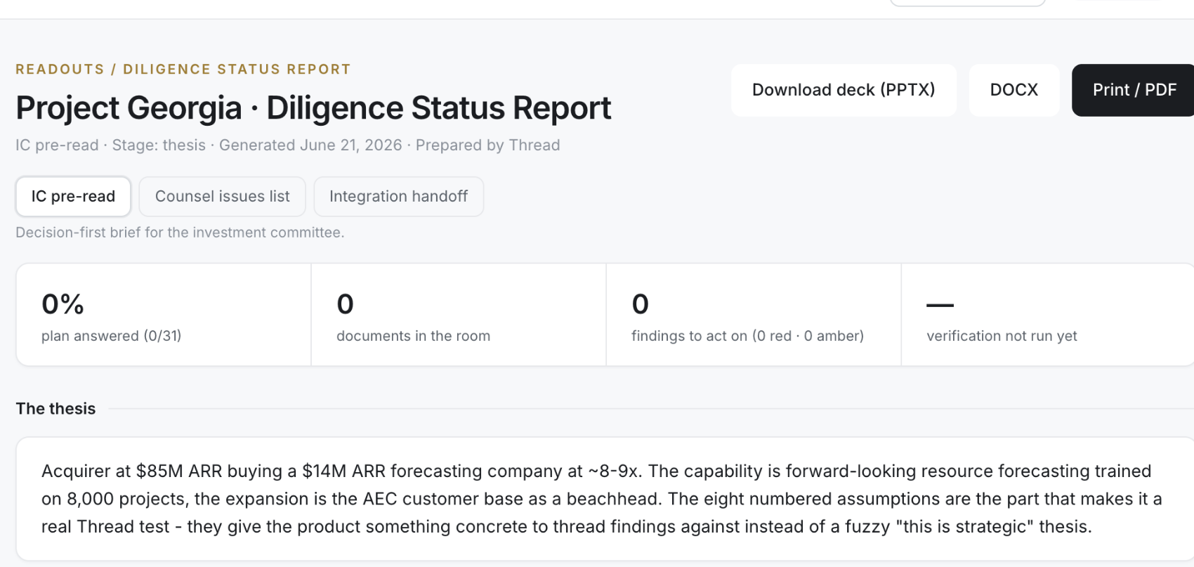 Diligence status report, an IC pre-read generated by MergerGod